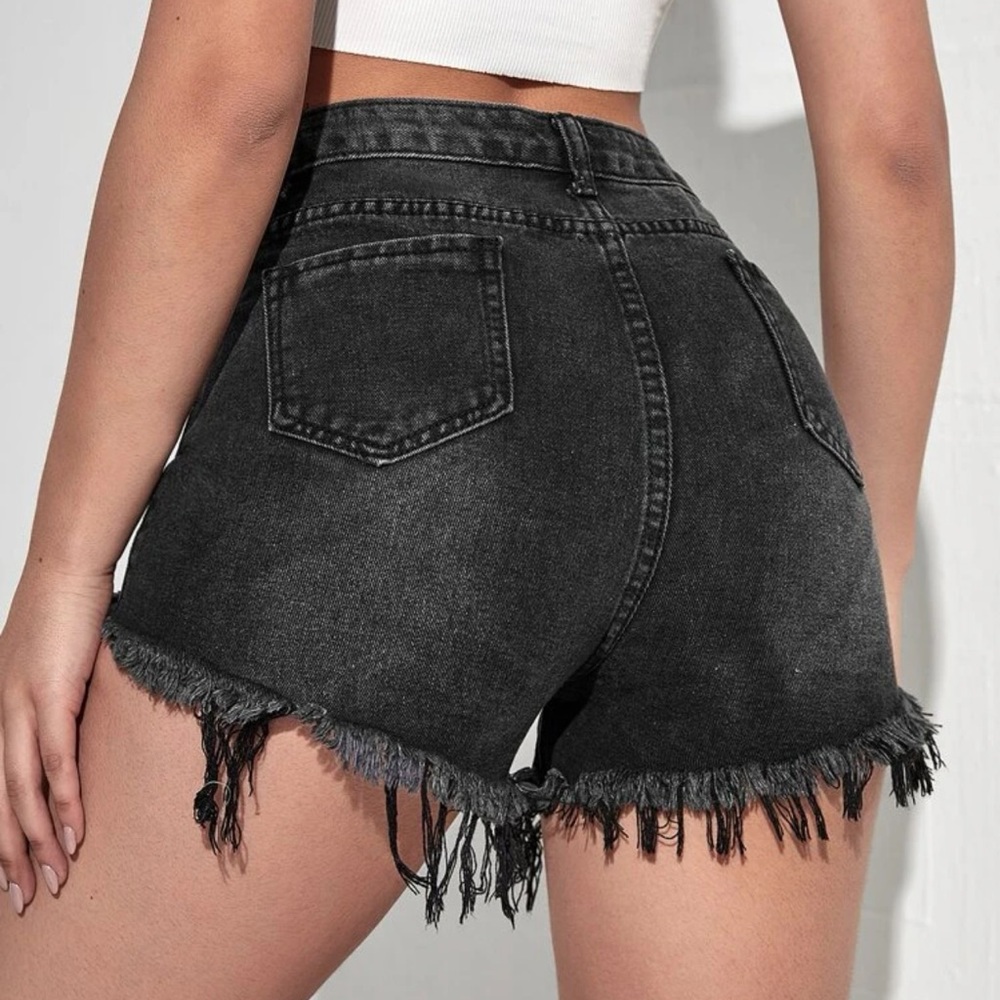 Distressed raw hem ripped high waisted denim jean shorts black - Picture 7 of 8